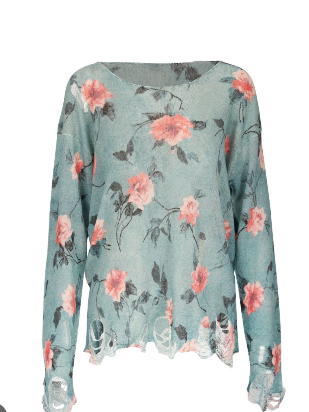 R13 Boyfriend Blue Floral Distressed Linen Sweater